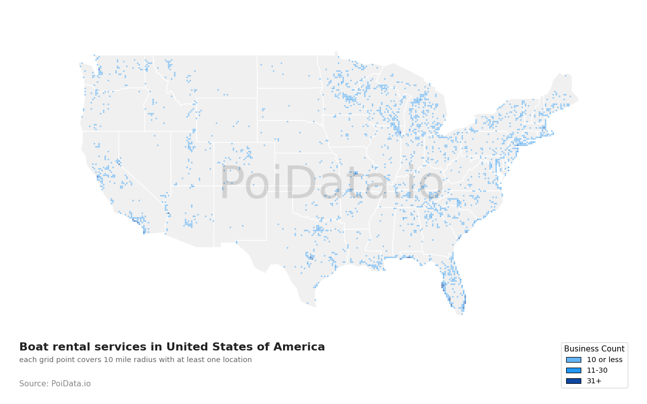 Boat rental service density map for United States