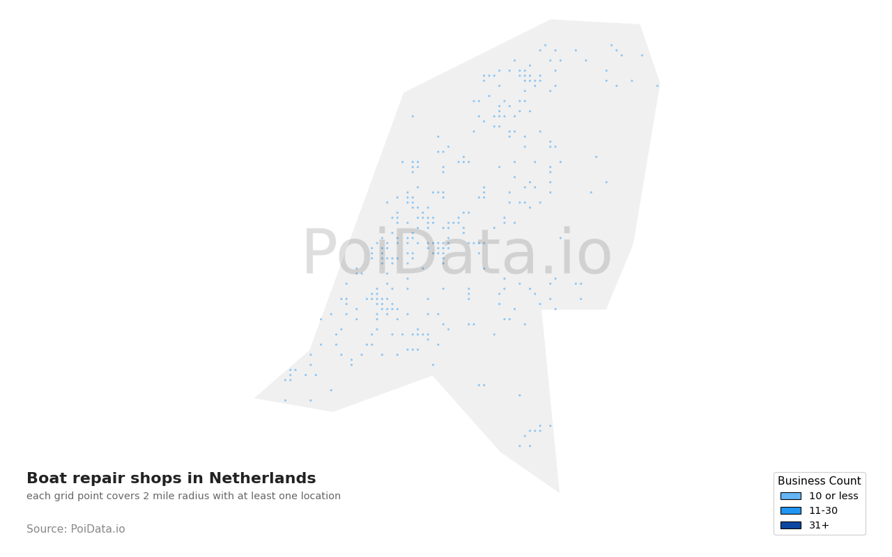 Boat repair shop density map for Netherlands