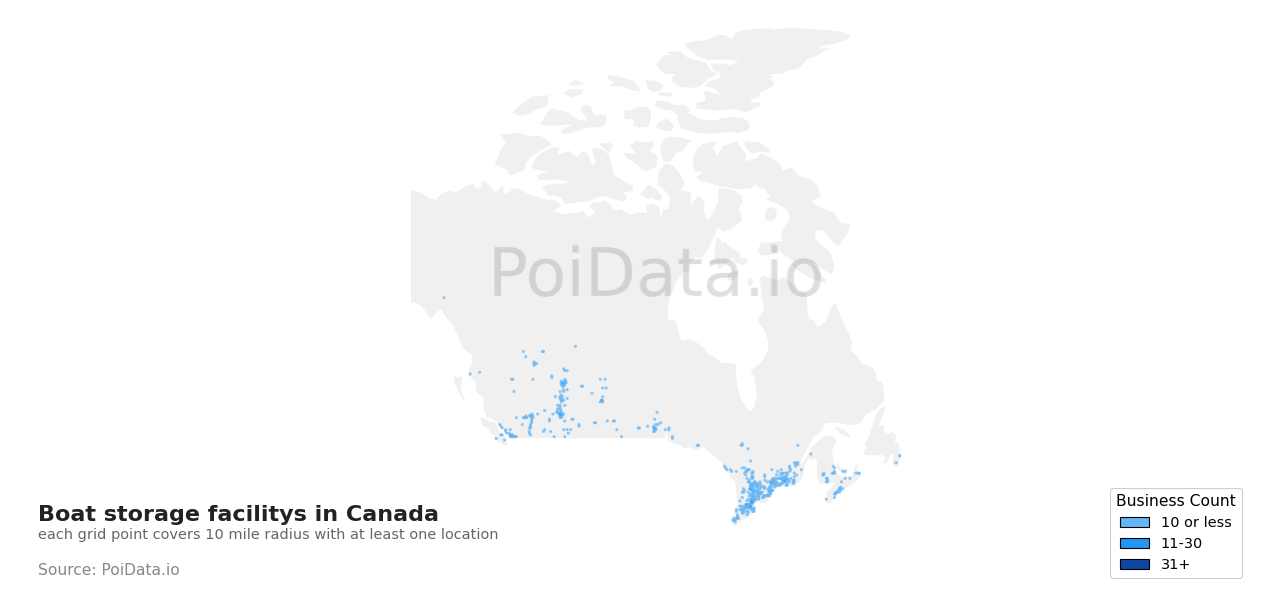 Boat storage facility density map for Canada