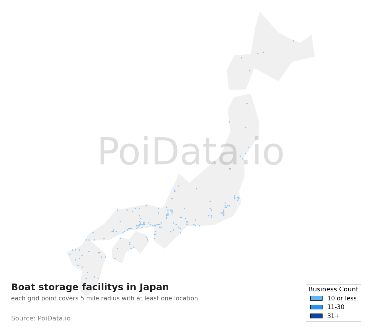 Boat storage facility density map for Kanagawa, Japan