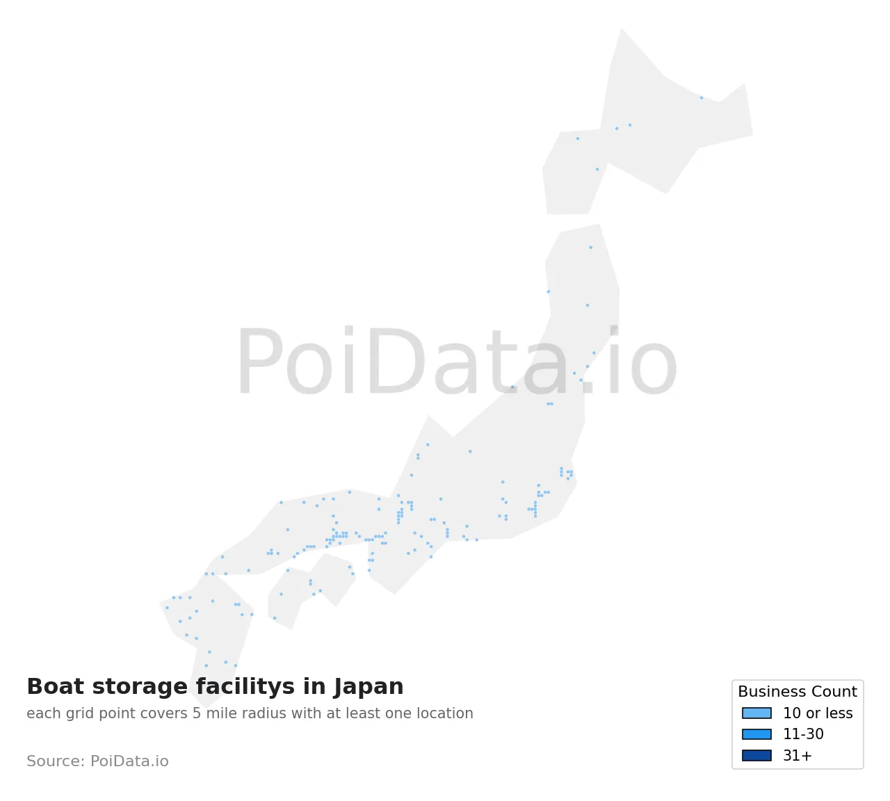 Boat storage facility density map for Japan