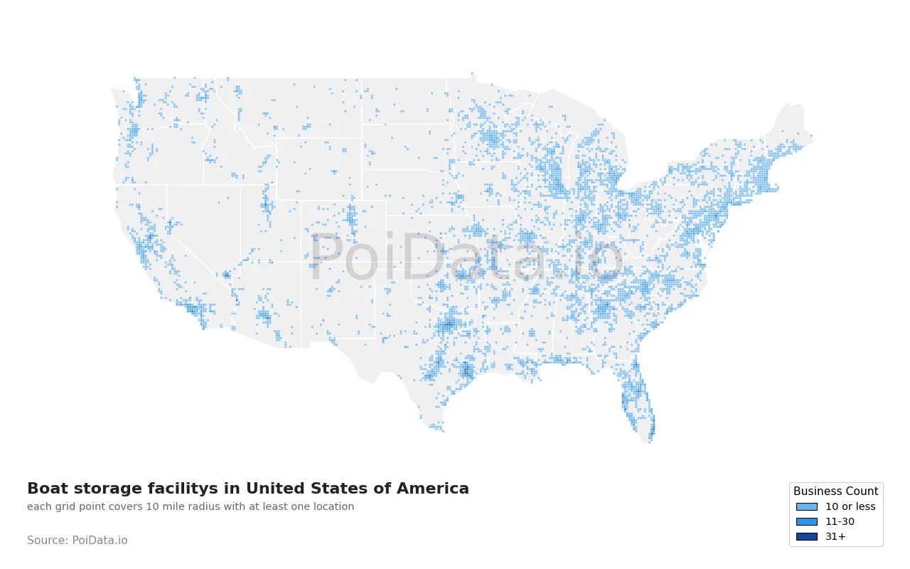 Boat storage facility density map for United States