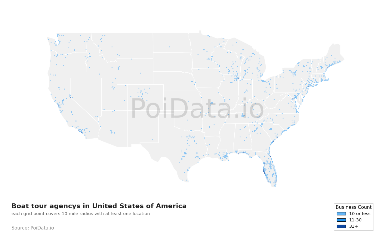 Boat tour agency density map for United States