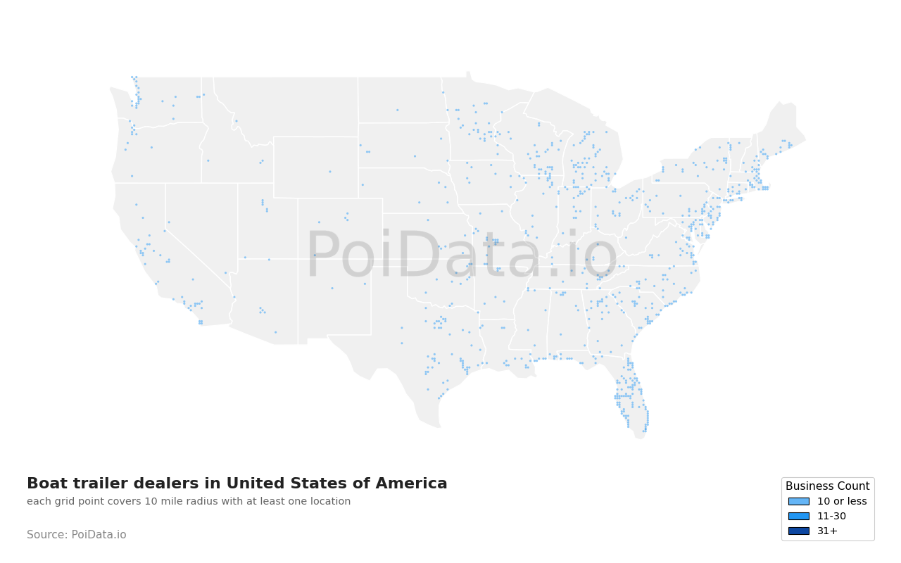 Boat trailer dealer density map for Maryland, United States