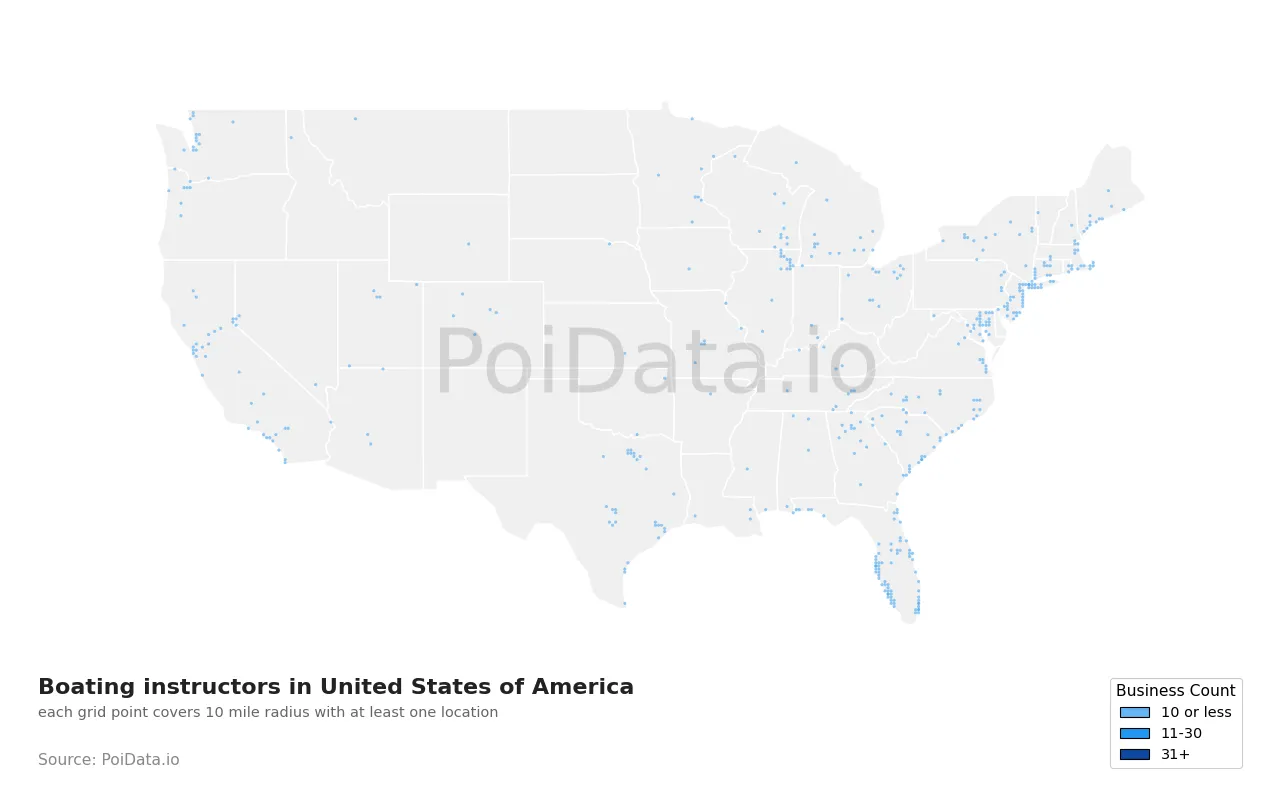 Boating instructor density map for United States