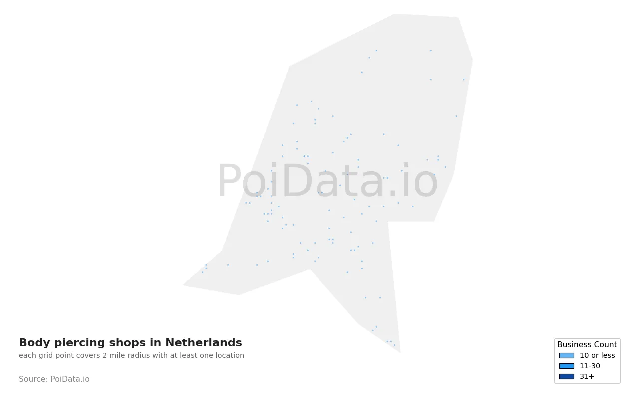 Body piercing shop density map for Netherlands