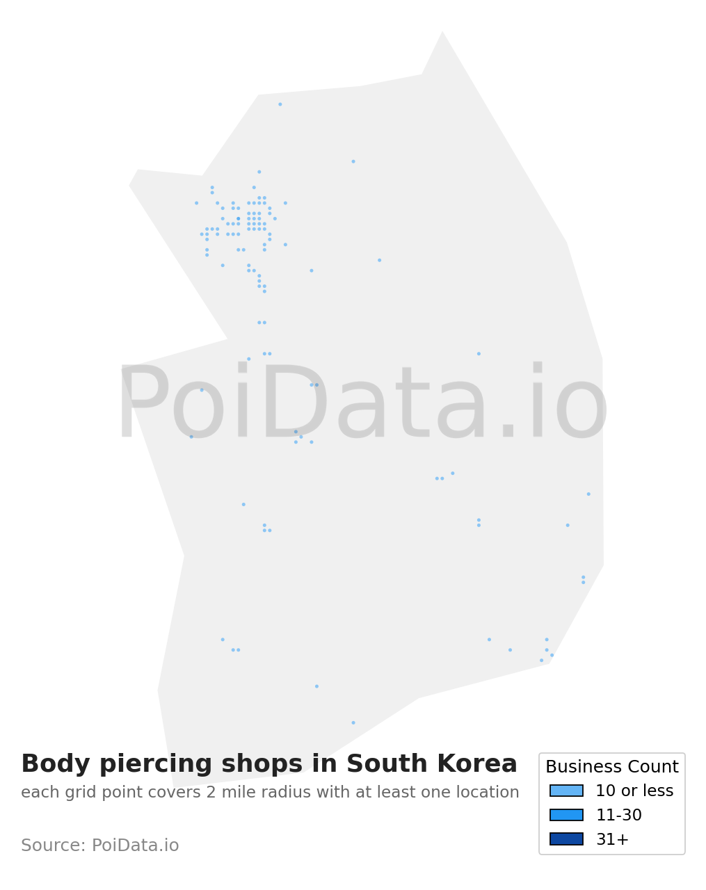 Body piercing shop density map for South Korea