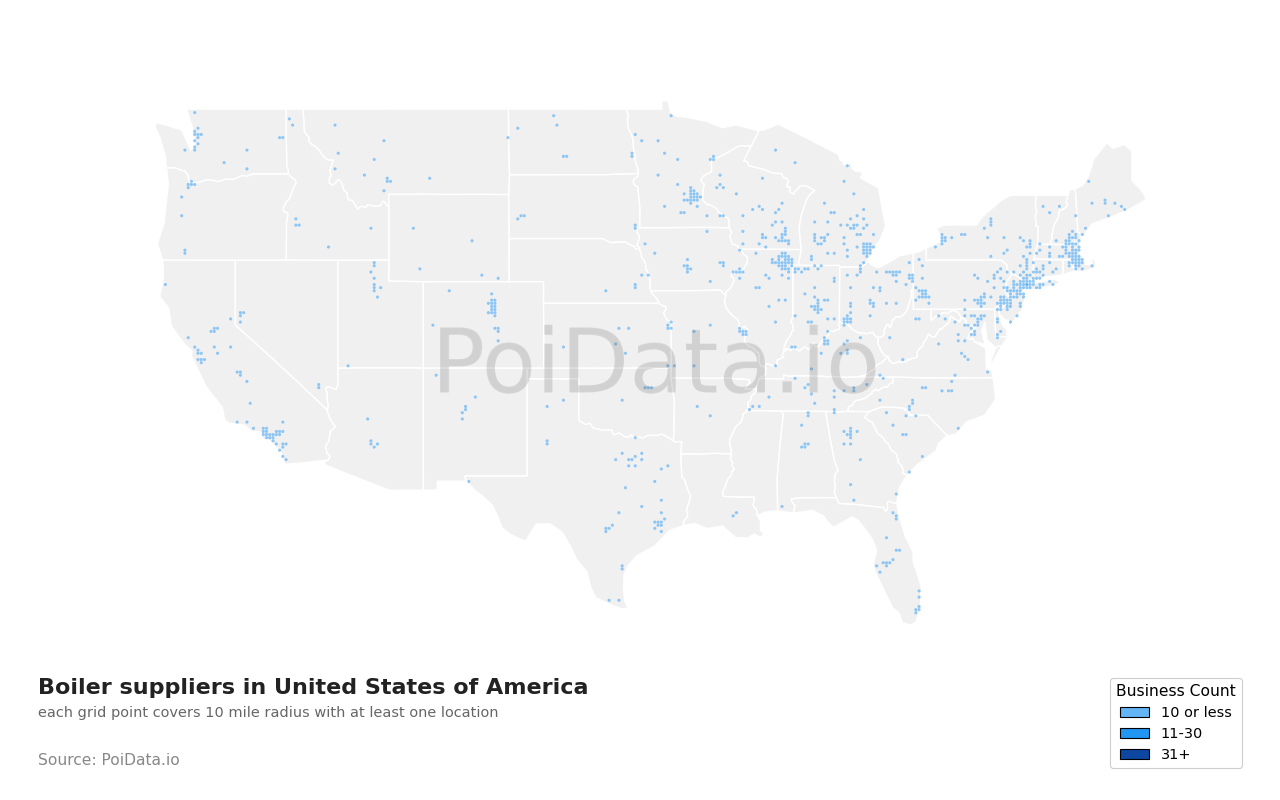 Boiler supplier density map for California, United States