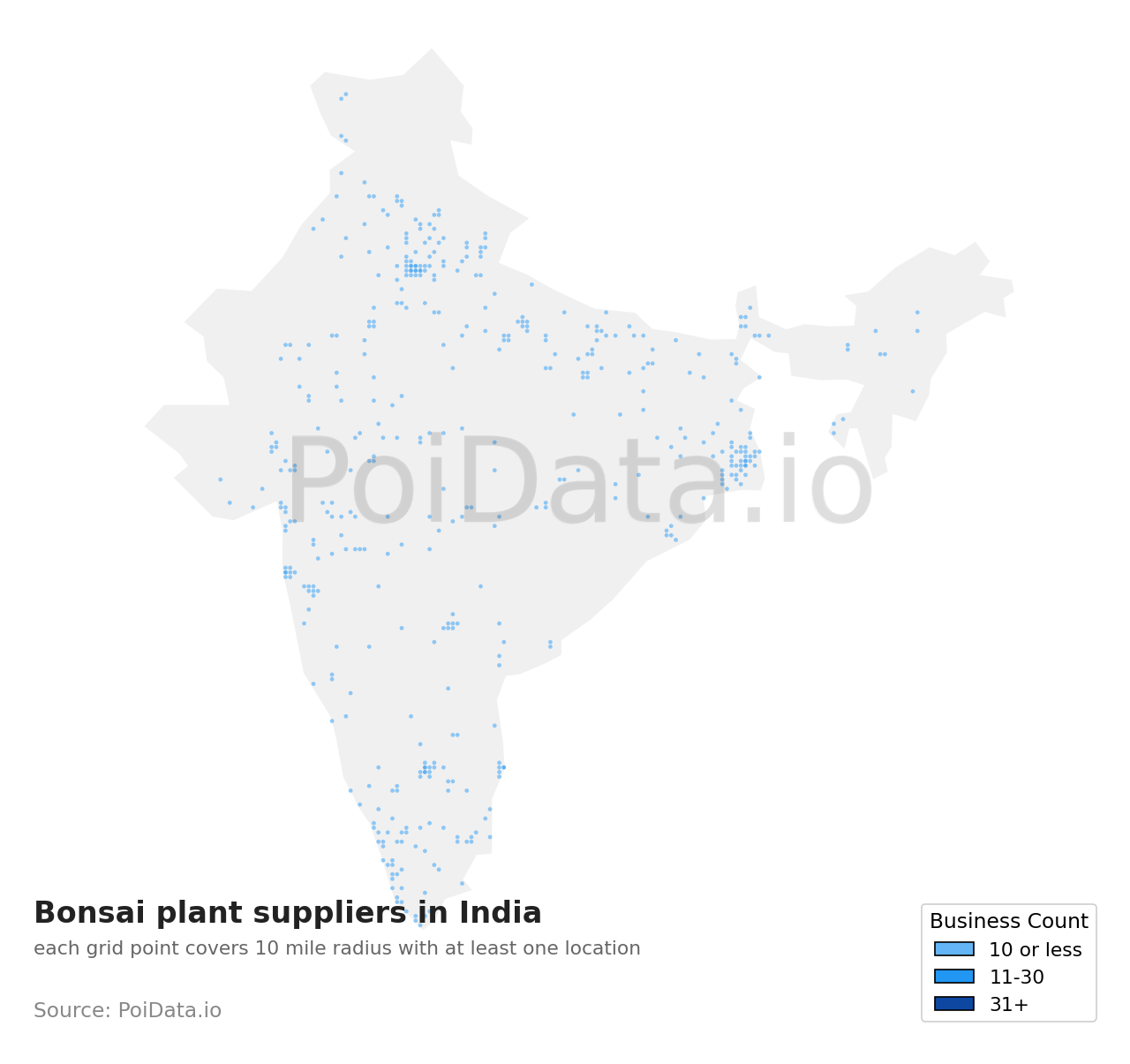Bonsai plant supplier density map for India