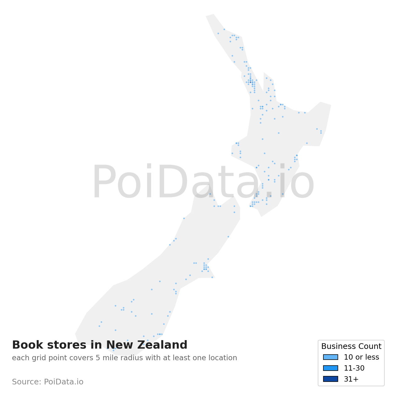 Book store density map for New Zealand