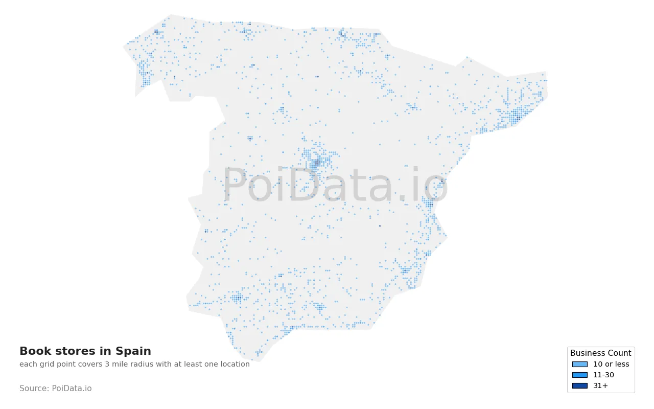 Book store density map for Spain