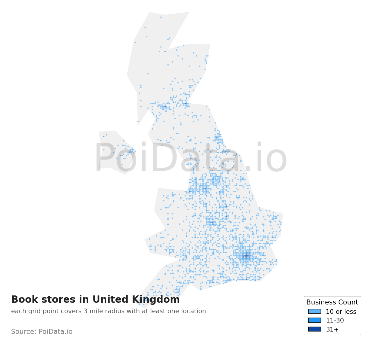 Book store density map for United Kingdom