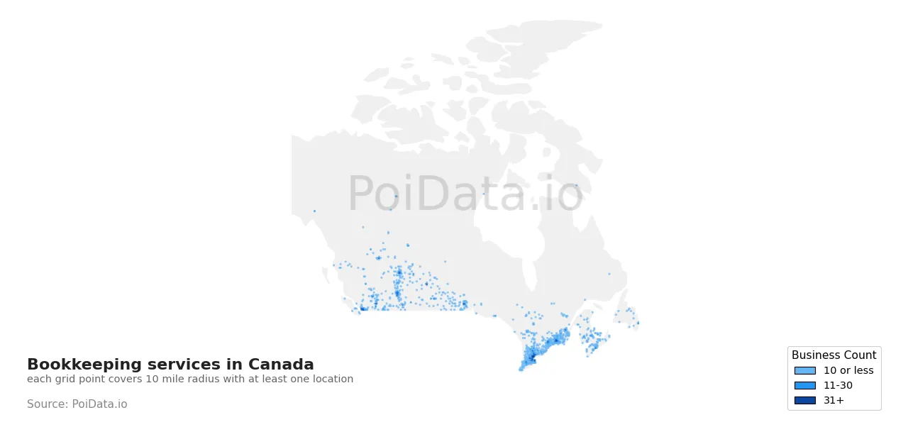 Bookkeeping service density map for Canada