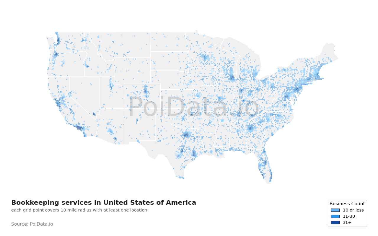 Bookkeeping service density map for United States