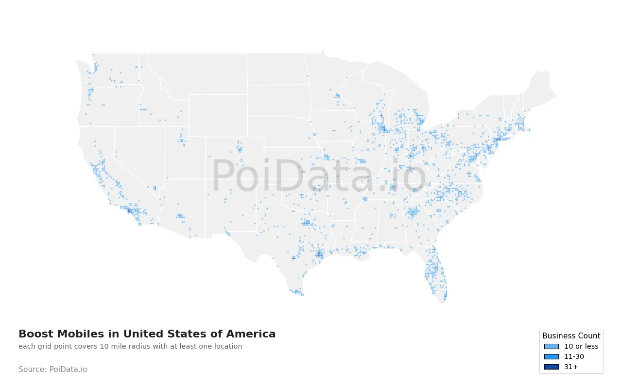 Boost Mobile density map for United States