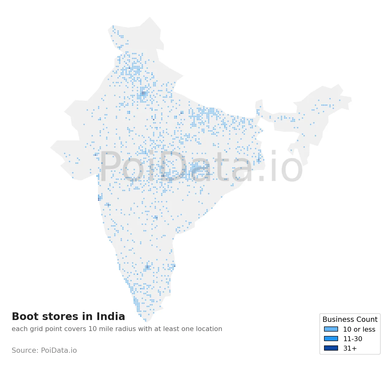 Boot store density map for India