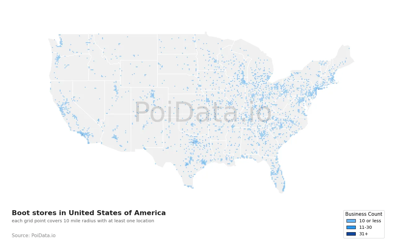Boot store density map for United States