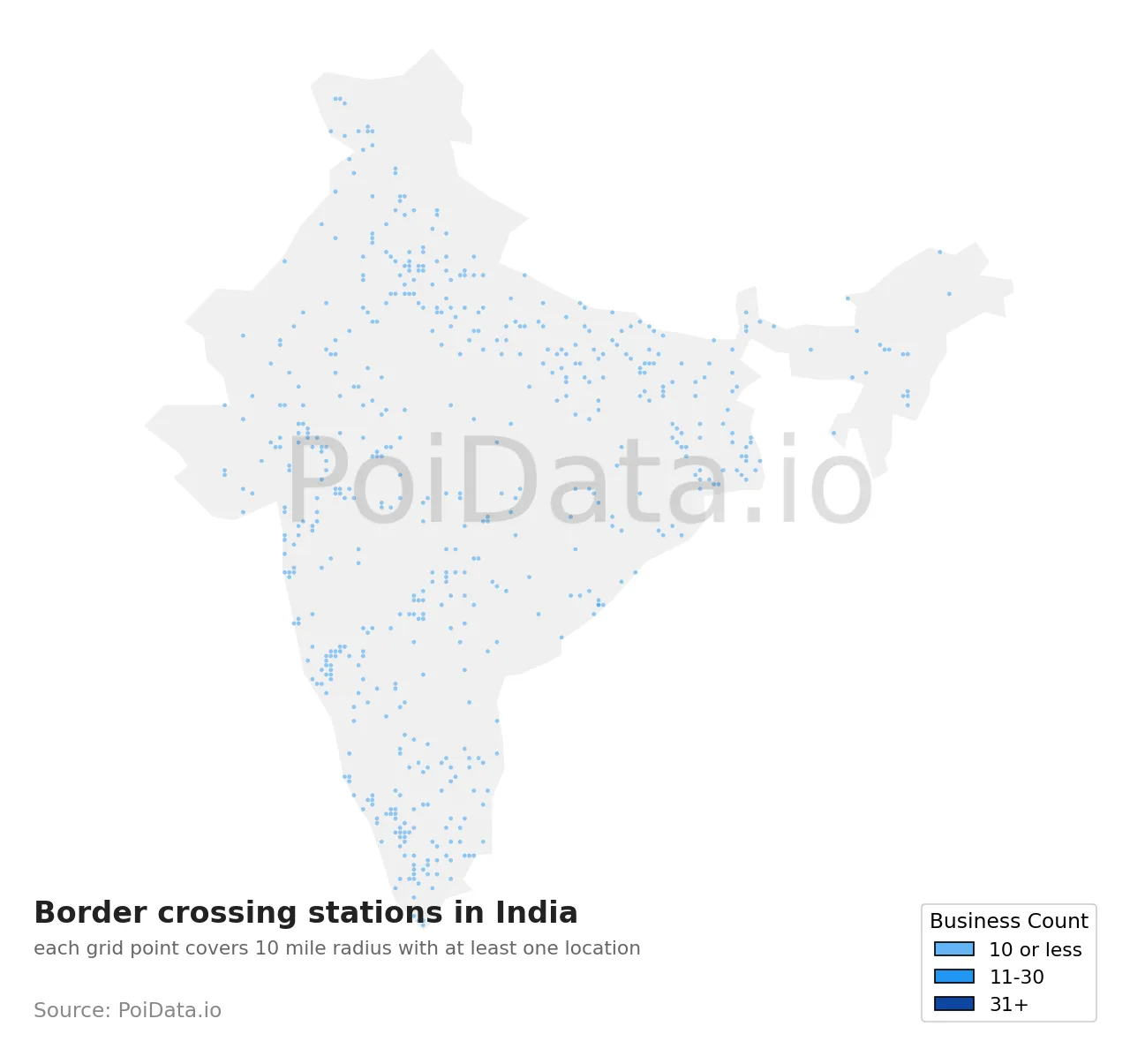 Border crossing station density map for India