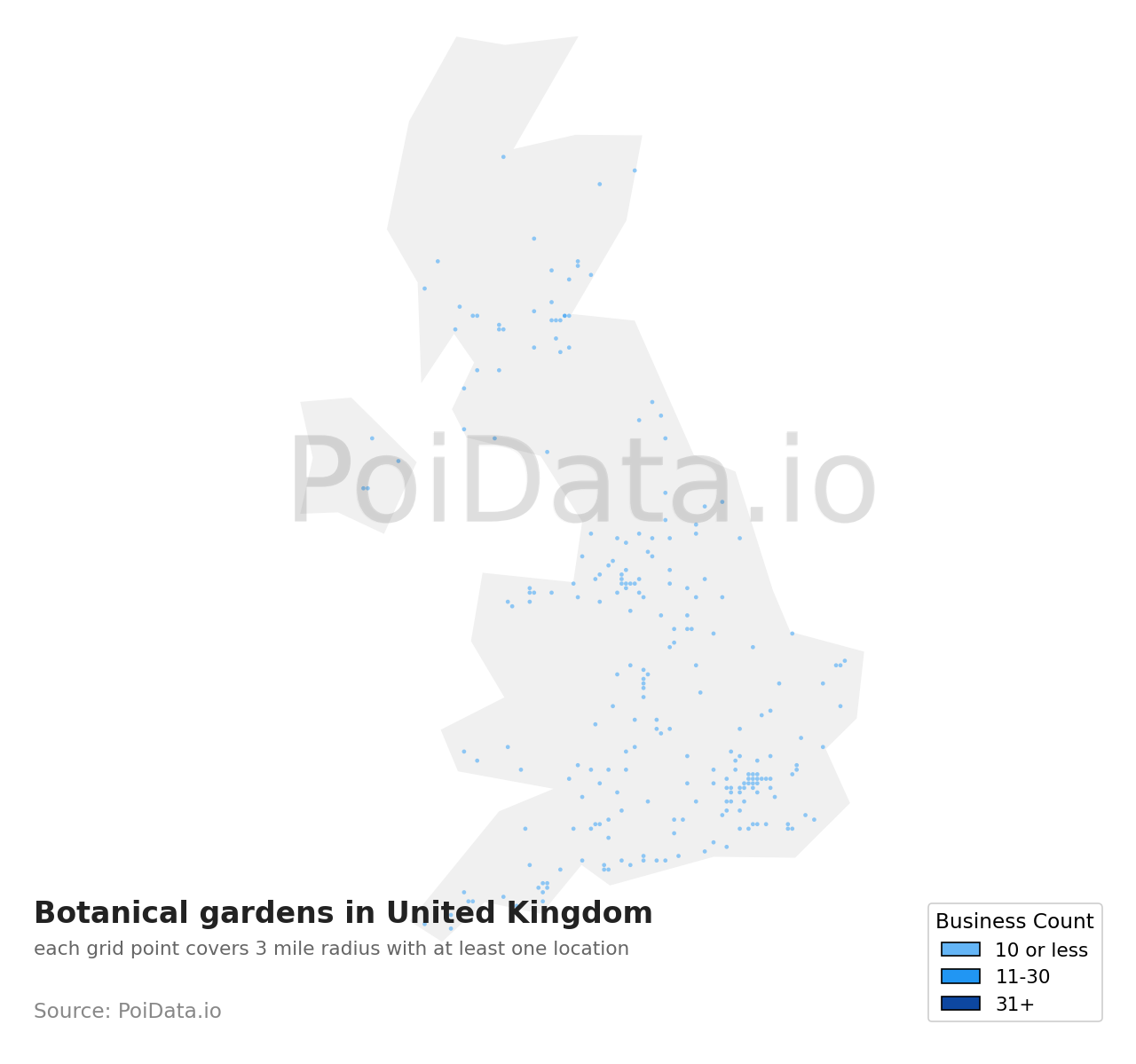 Botanical garden density map for United Kingdom