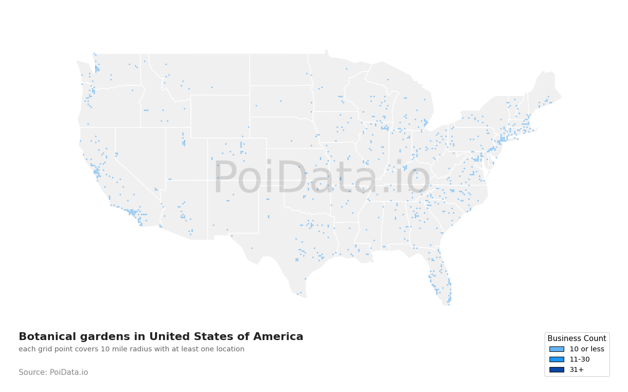 Botanical garden density map for Texas, United States