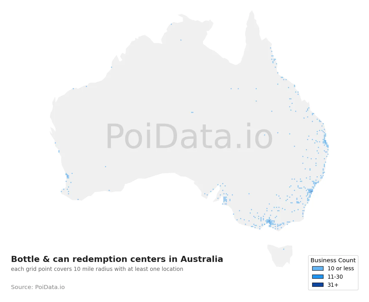 Bottle & can redemption center density map for Australia