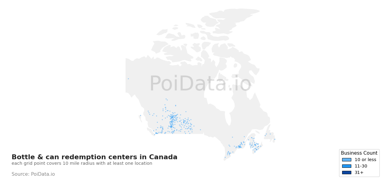 Bottle & can redemption center density map for Canada
