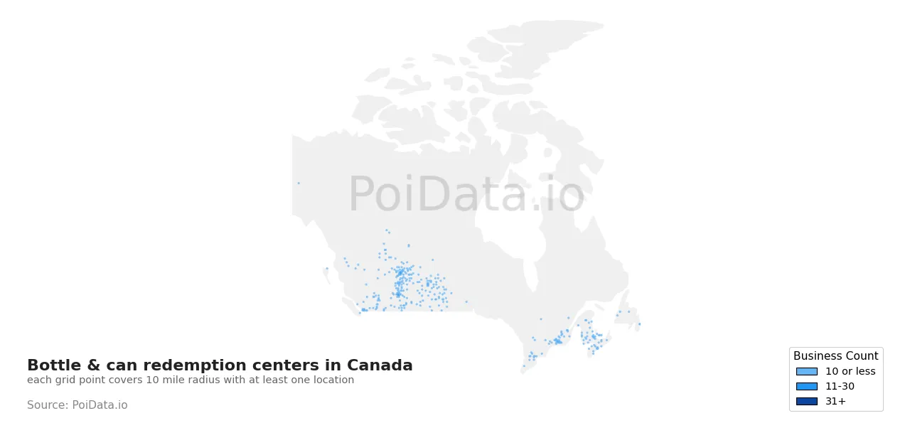 Bottle & can redemption center density map for Canada
