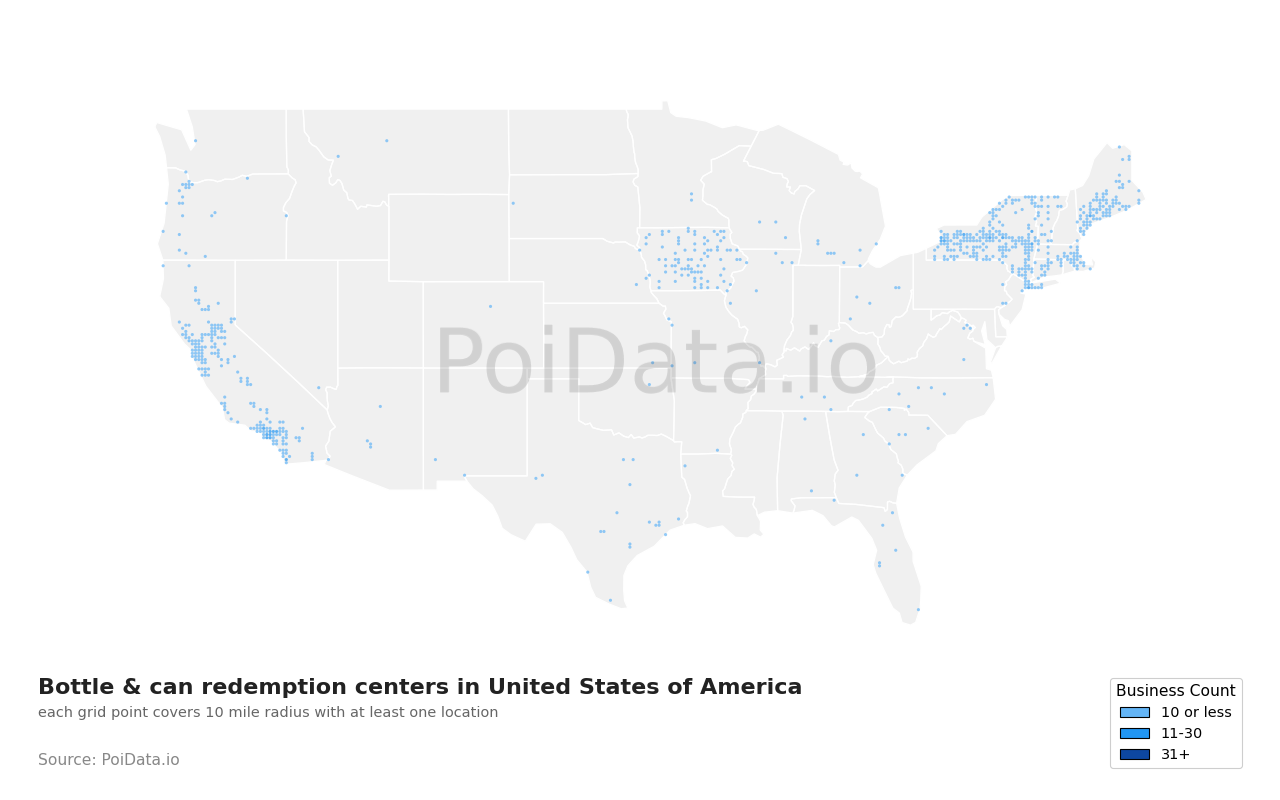 Bottle & can redemption center density map for Massachusetts, United States