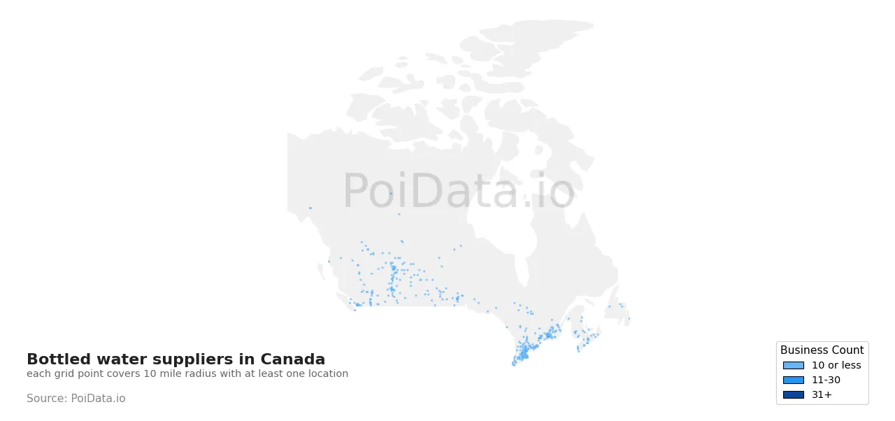 Bottled water supplier density map for Canada
