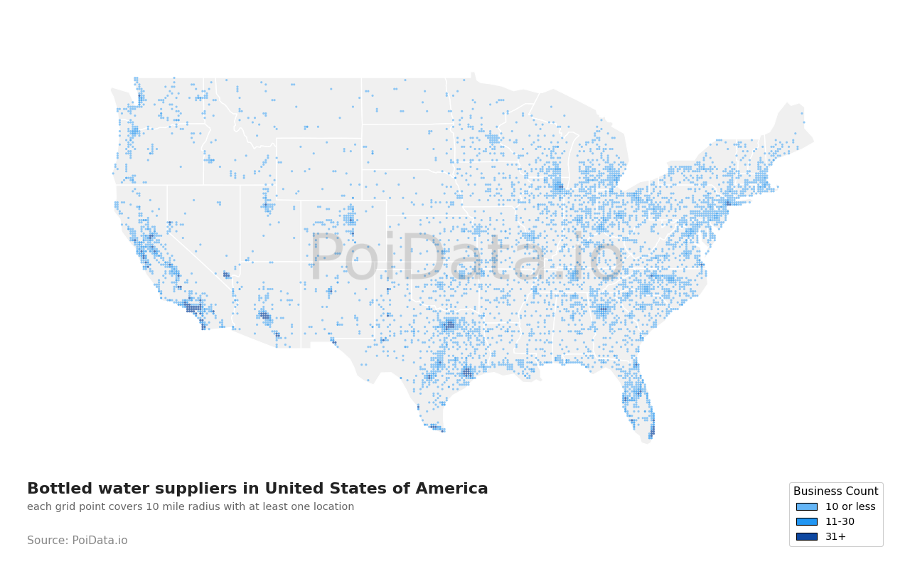 Bottled water supplier density map for North Carolina, United States
