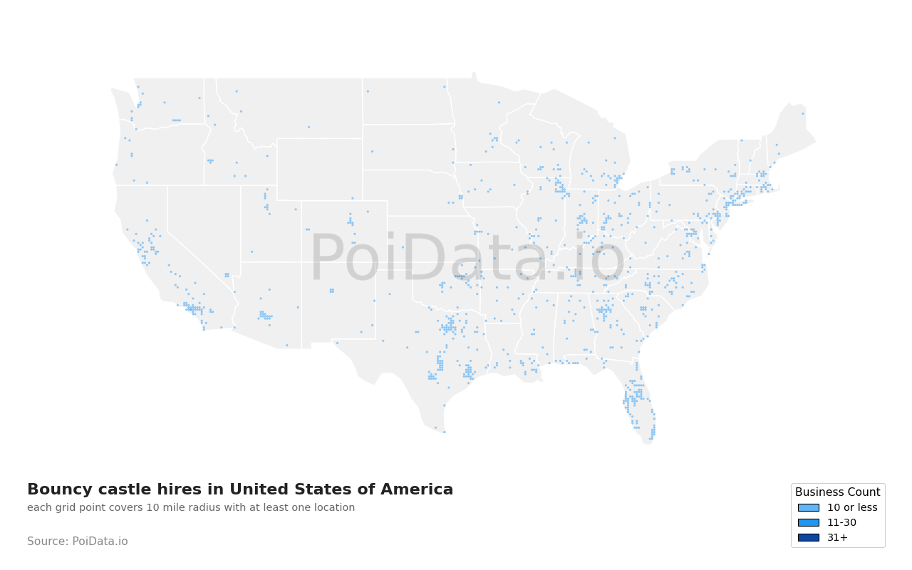 Bouncy castle hire density map for Maryland, United States