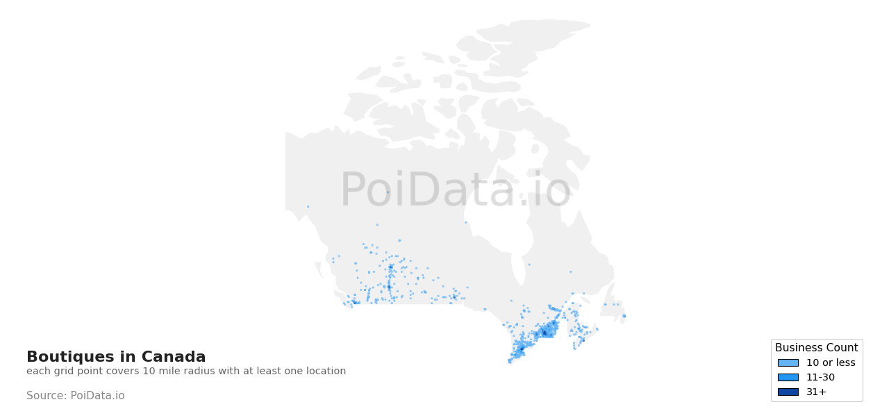 Boutique density map for Canada