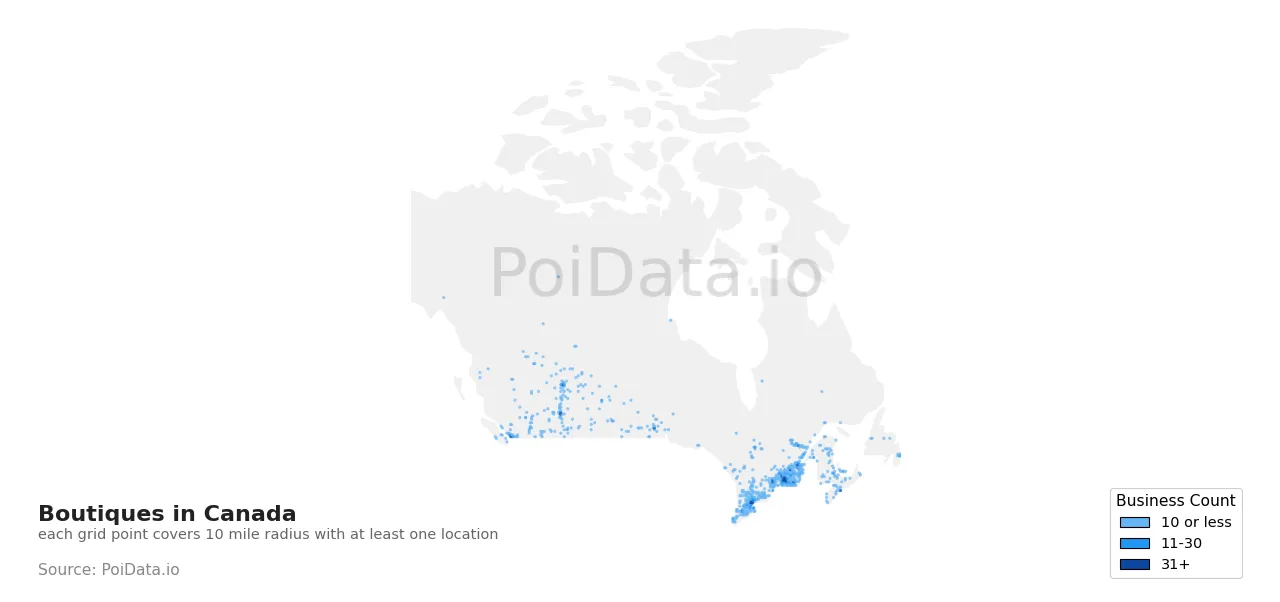 Boutique density map for Canada