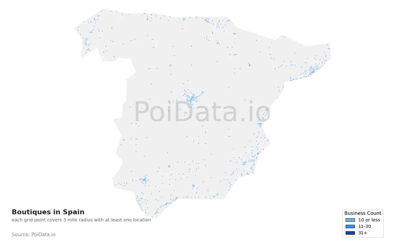 Boutique density map for Spain