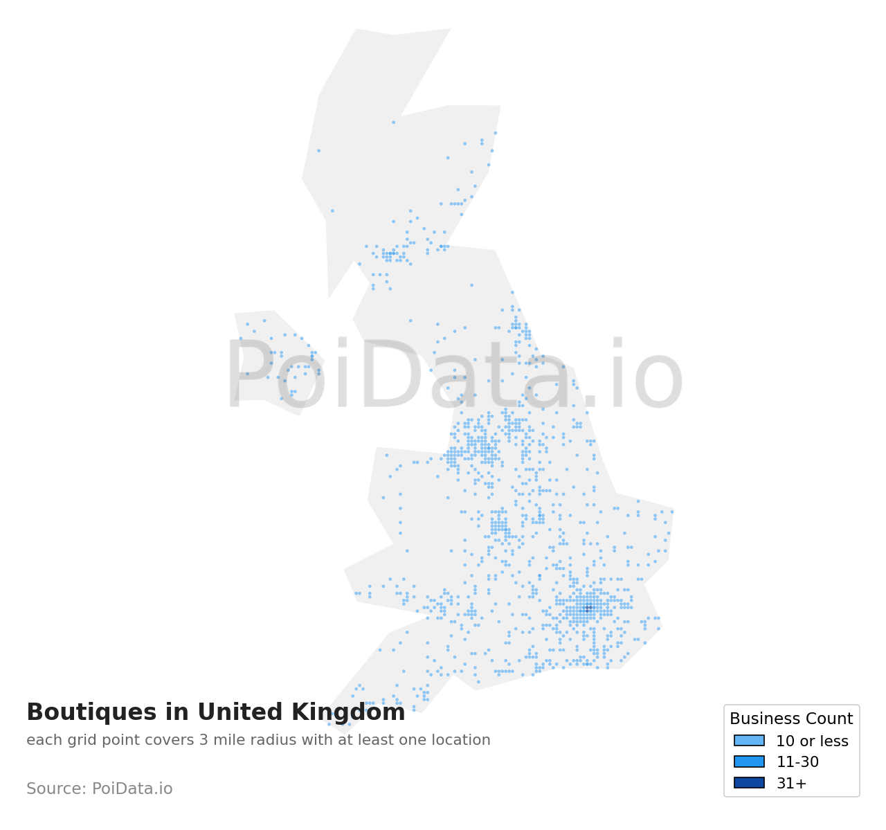 Boutique density map for United Kingdom