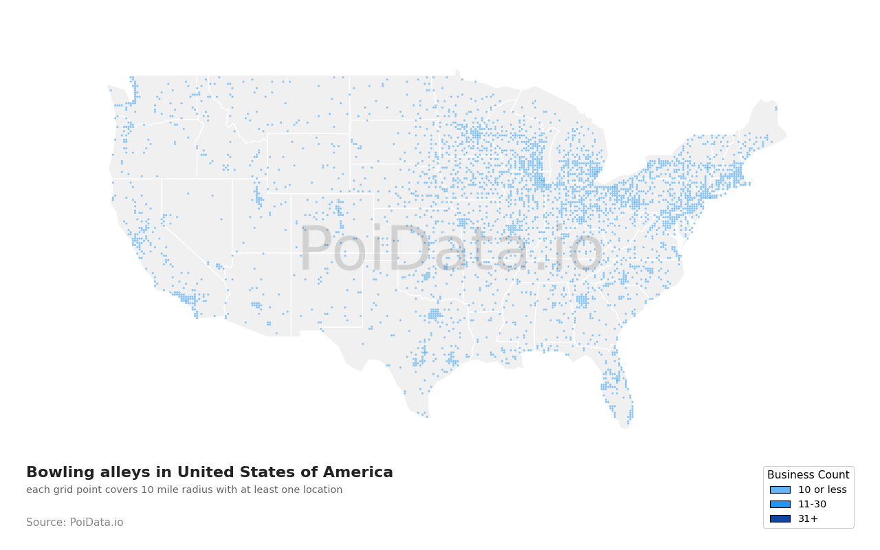 Bowling alley density map for United States