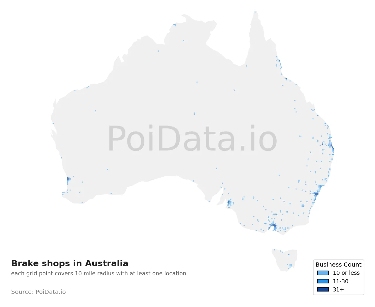 Brake shop density map for Australia