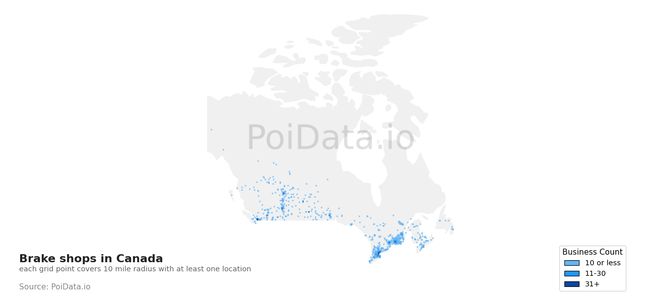 Brake shop density map for Nova Scotia, Canada