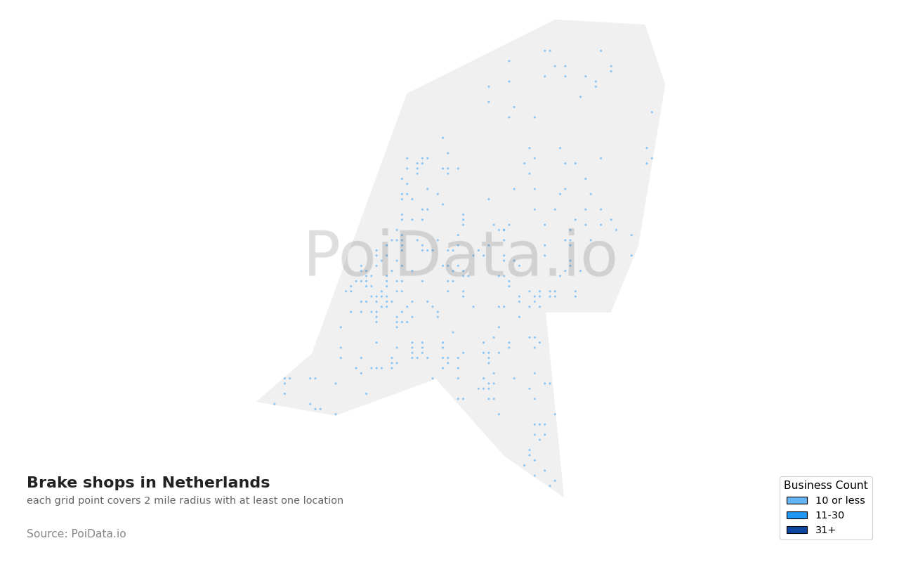 Brake shop density map for Netherlands