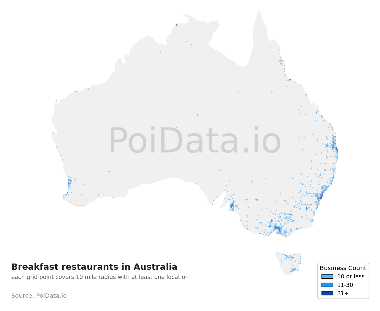 Breakfast restaurant density map for Australia
