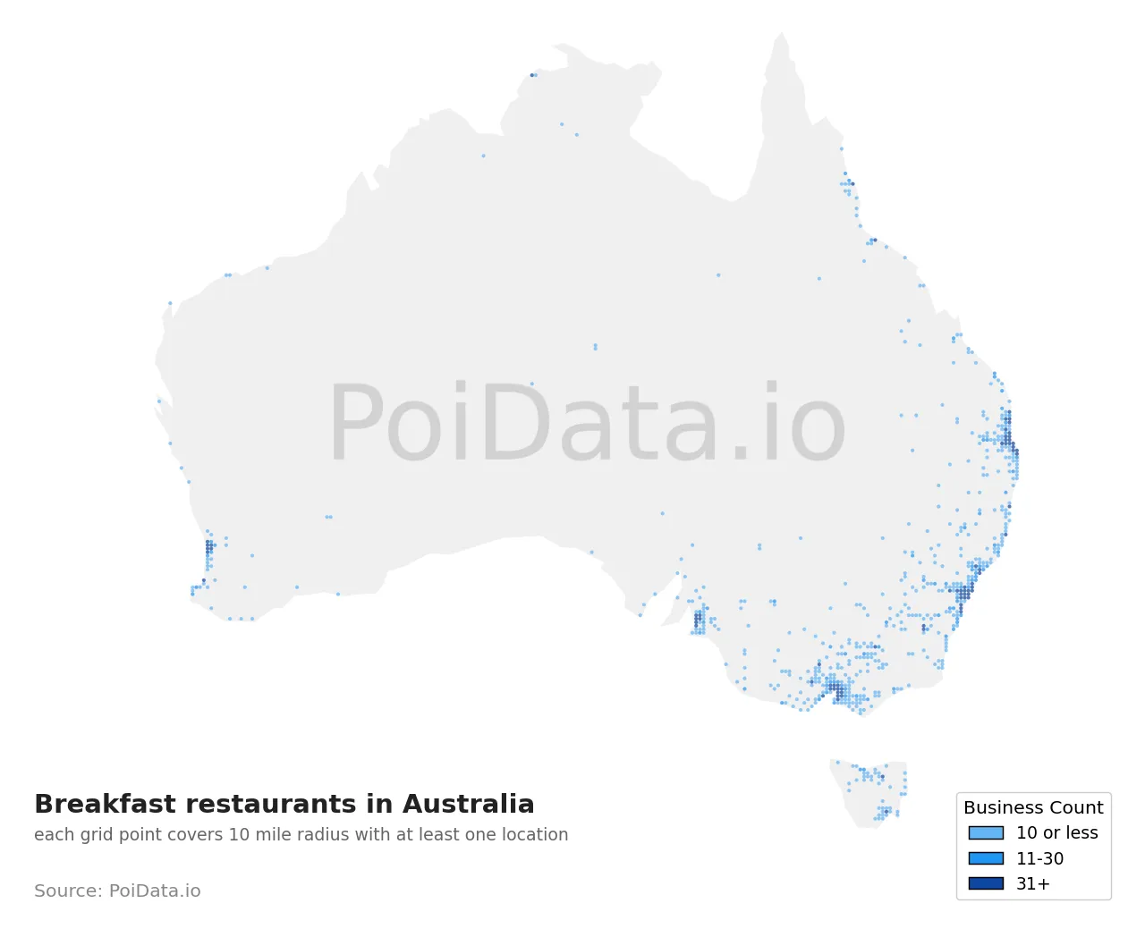 Breakfast restaurant density map for Australia