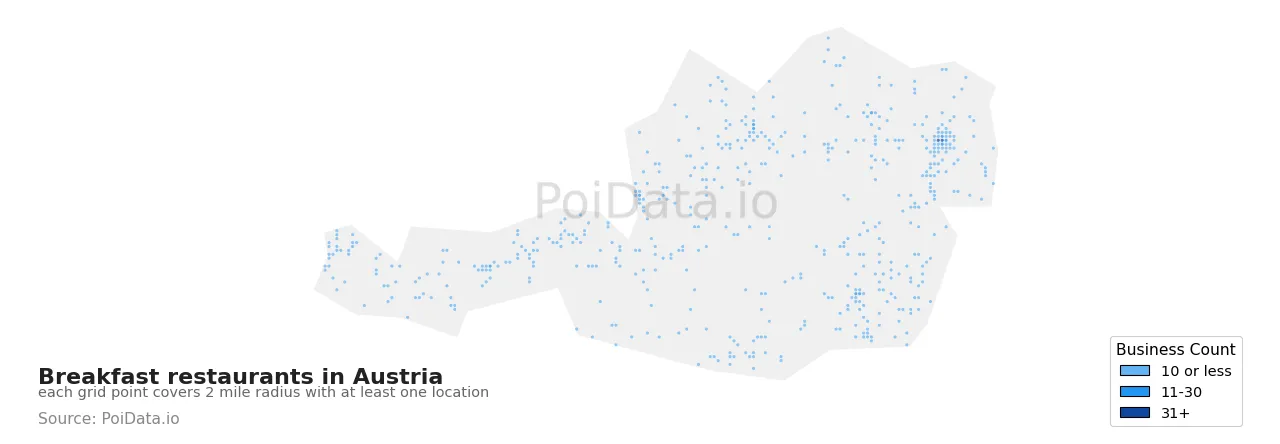 Breakfast restaurant density map for Austria