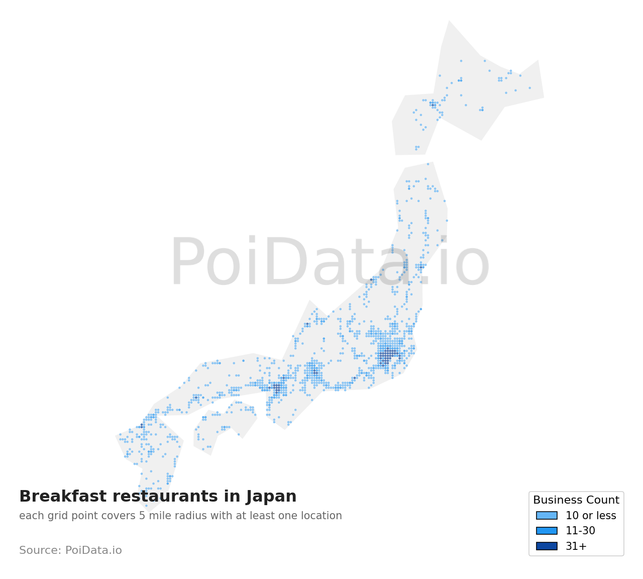Breakfast restaurant density map for Japan