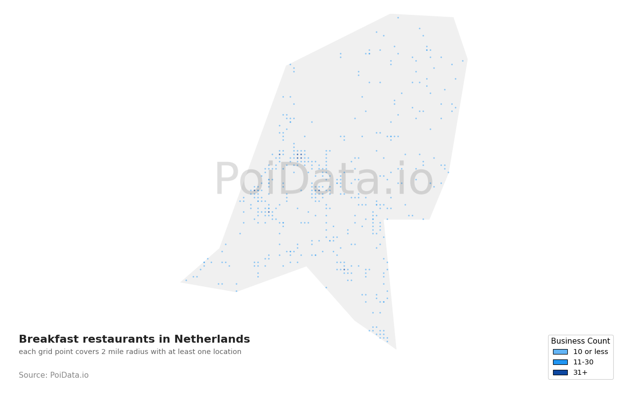 Breakfast restaurant density map for Netherlands
