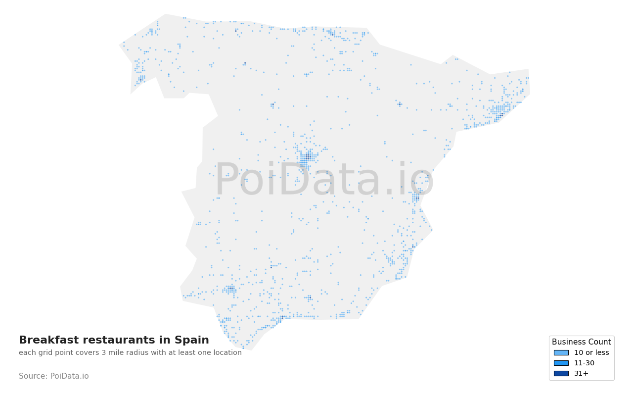 Breakfast restaurant density map for Spain