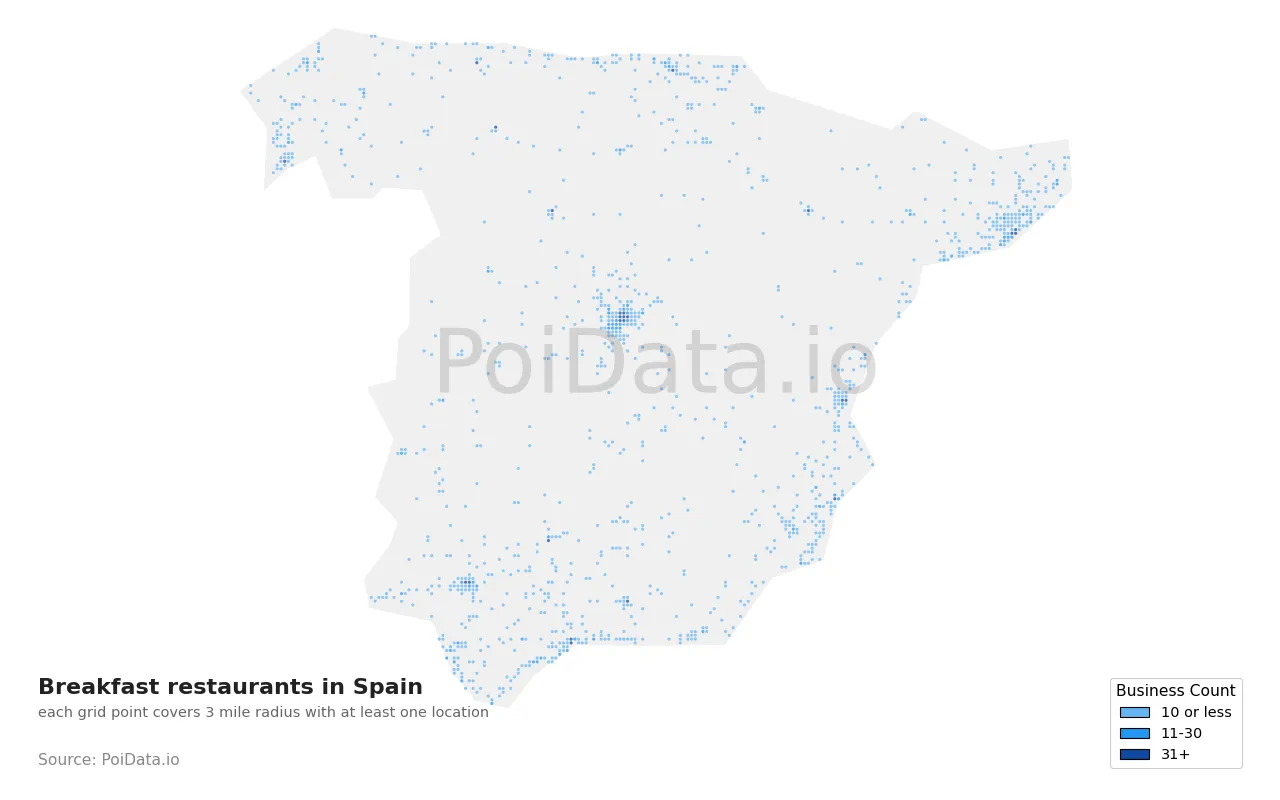 Breakfast restaurant density map for Spain