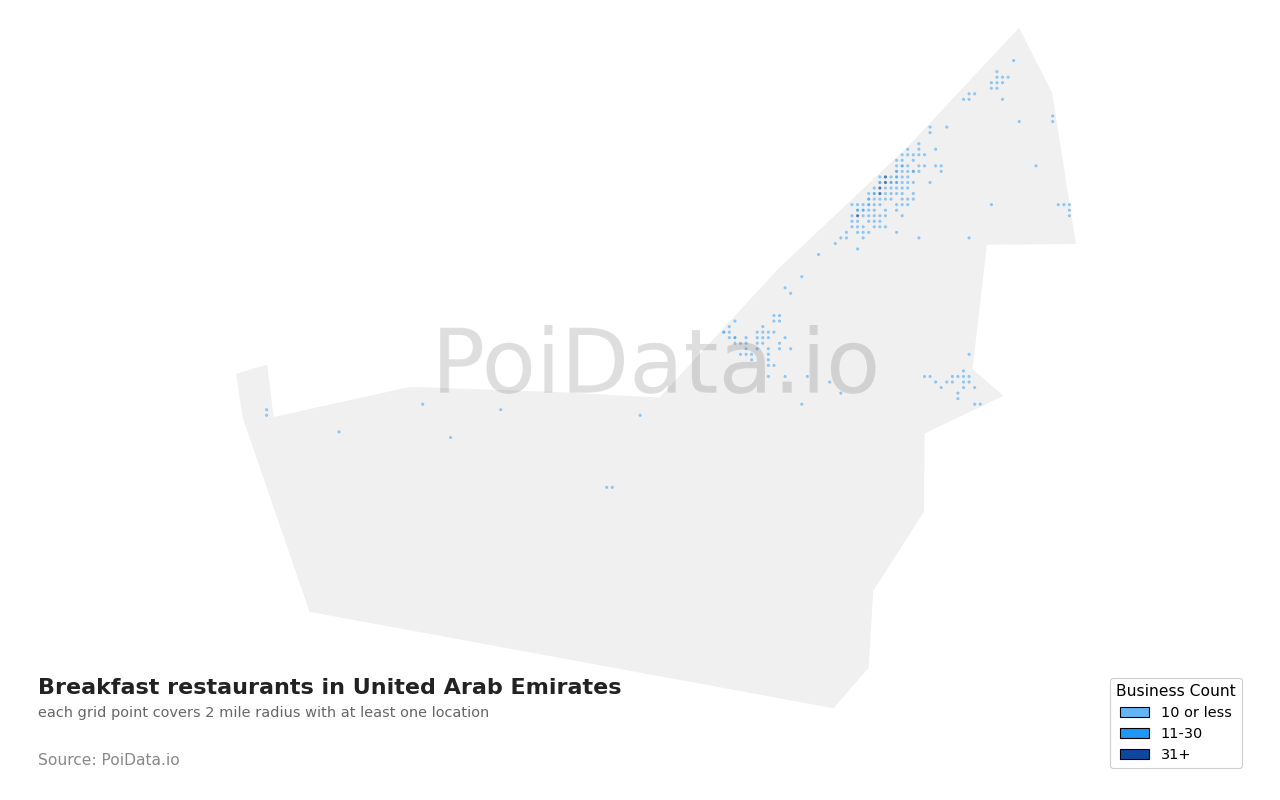 Breakfast restaurant density map for United Arab Emirates