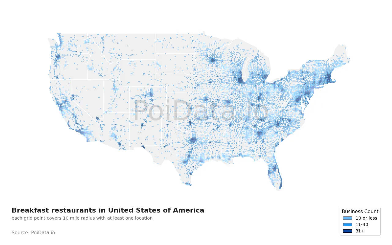 Breakfast restaurant density map for United States