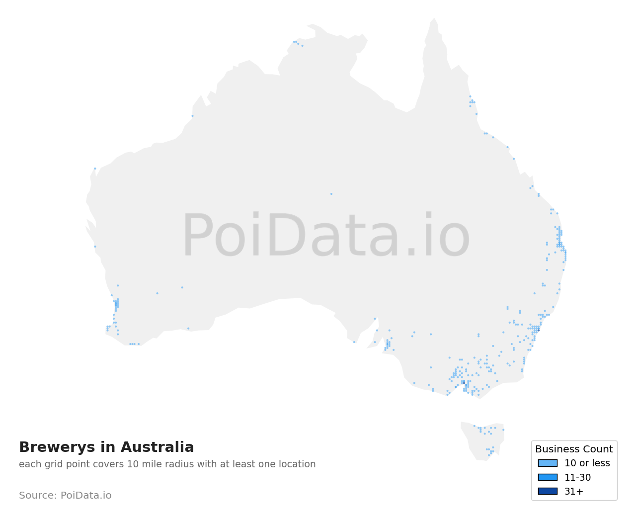 Brewery density map for Australia