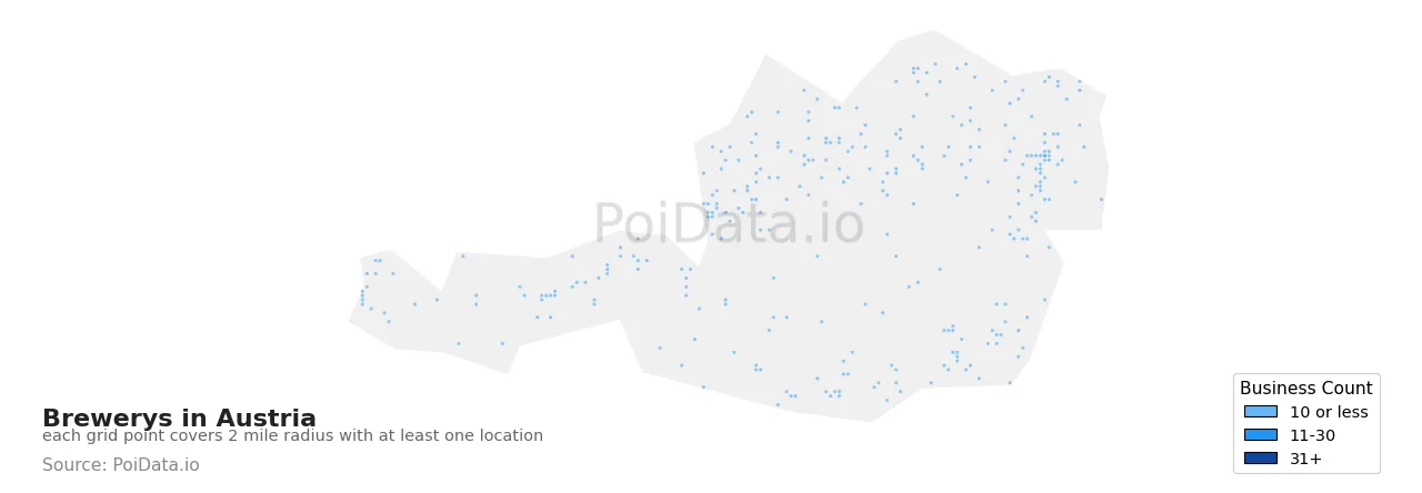 Brewery density map for Austria